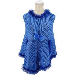 Blue Open Knit Eyelash Fringe Trim Poncho Sweater Women's OS Relaxed Lounge Wear